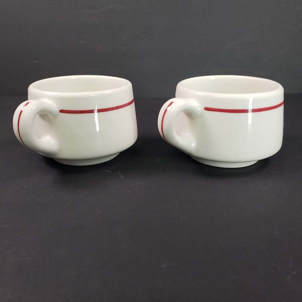 Syracuse China‎ Restaurant Ware Coffee Mugs Red Stripe Cream White Set of 2 USA - Picture 3 of 4